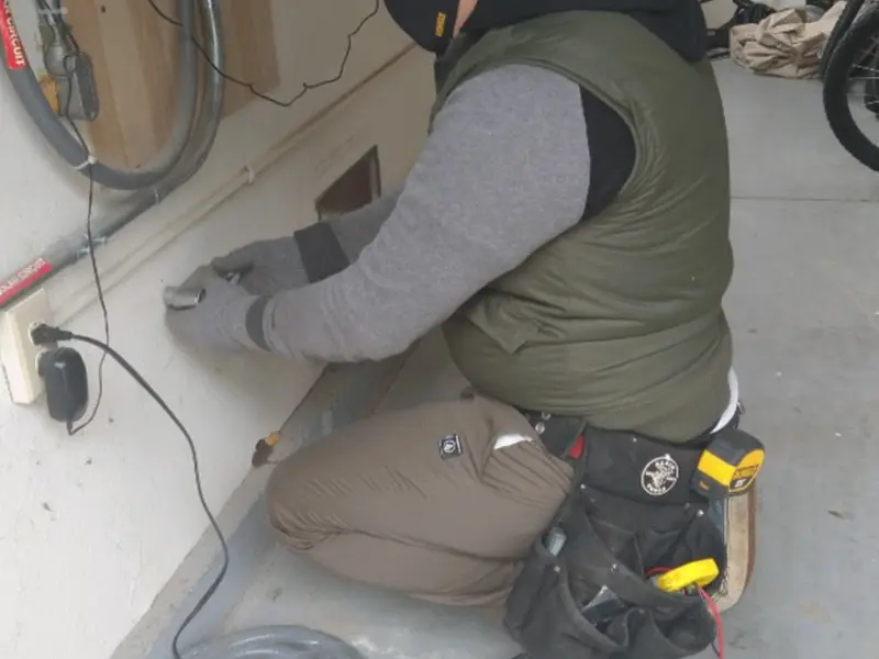 Electrician performing outlet wiring in a Cherry Valley garage